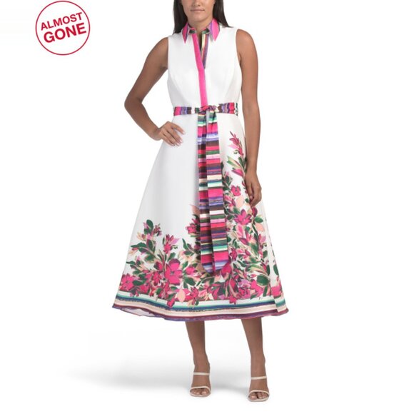 BADGLEY Ivory Multi Sleeveless Floral Dress With Belt - Picture 1 of 2